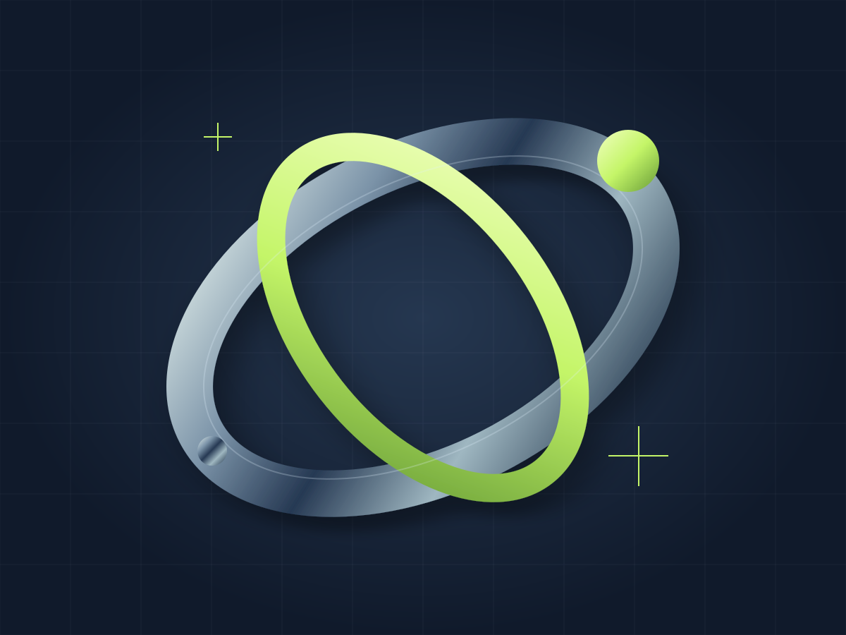 Abstract metallic rings with a lime green orbit